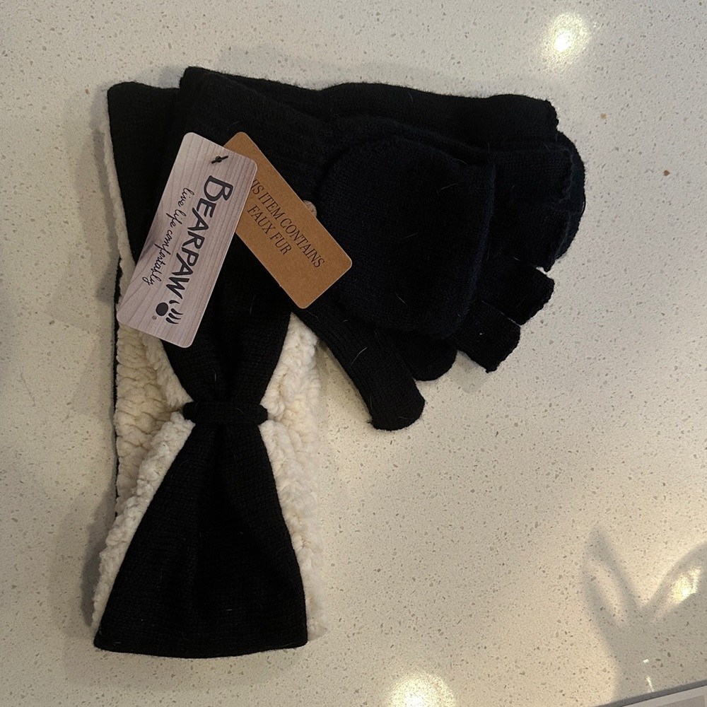 BearPaw Black and White Knit Mittens